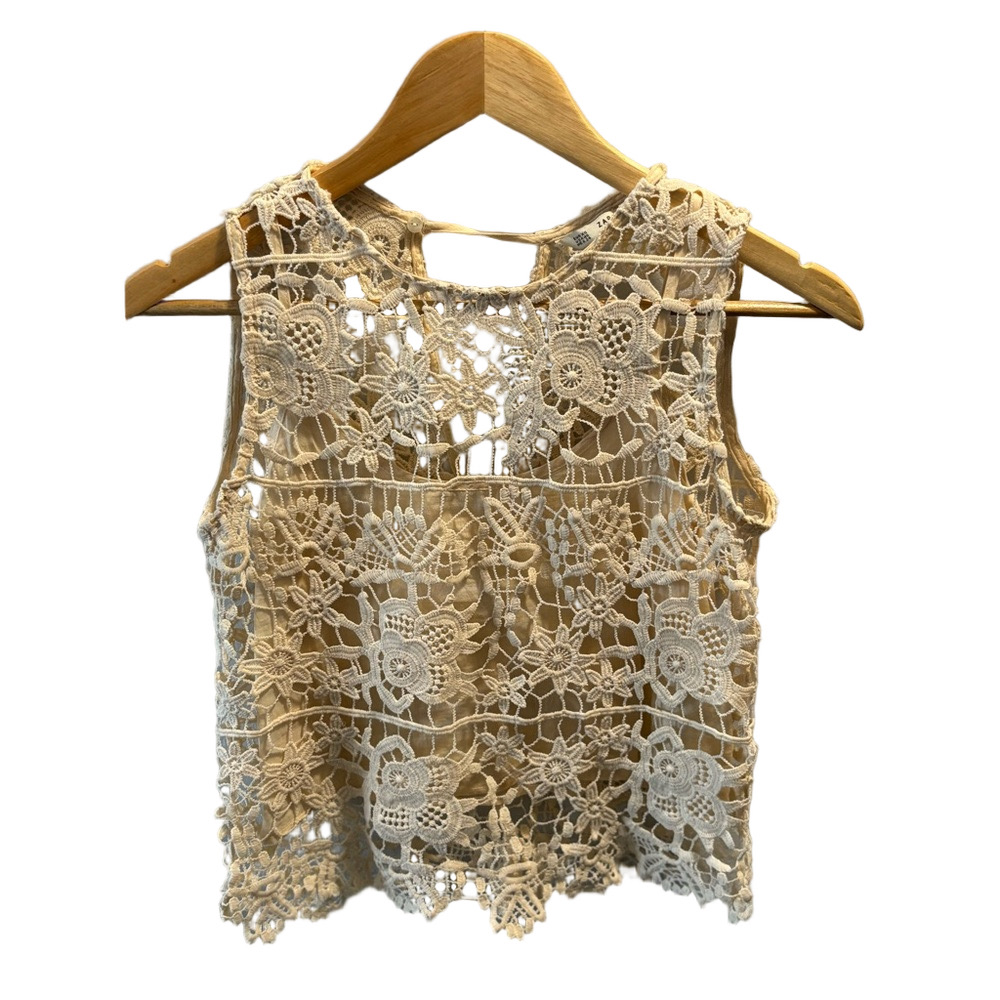 Zara Basic Collection Floral Lace Sleeveless Cream Top XS Feminine Cottagecore